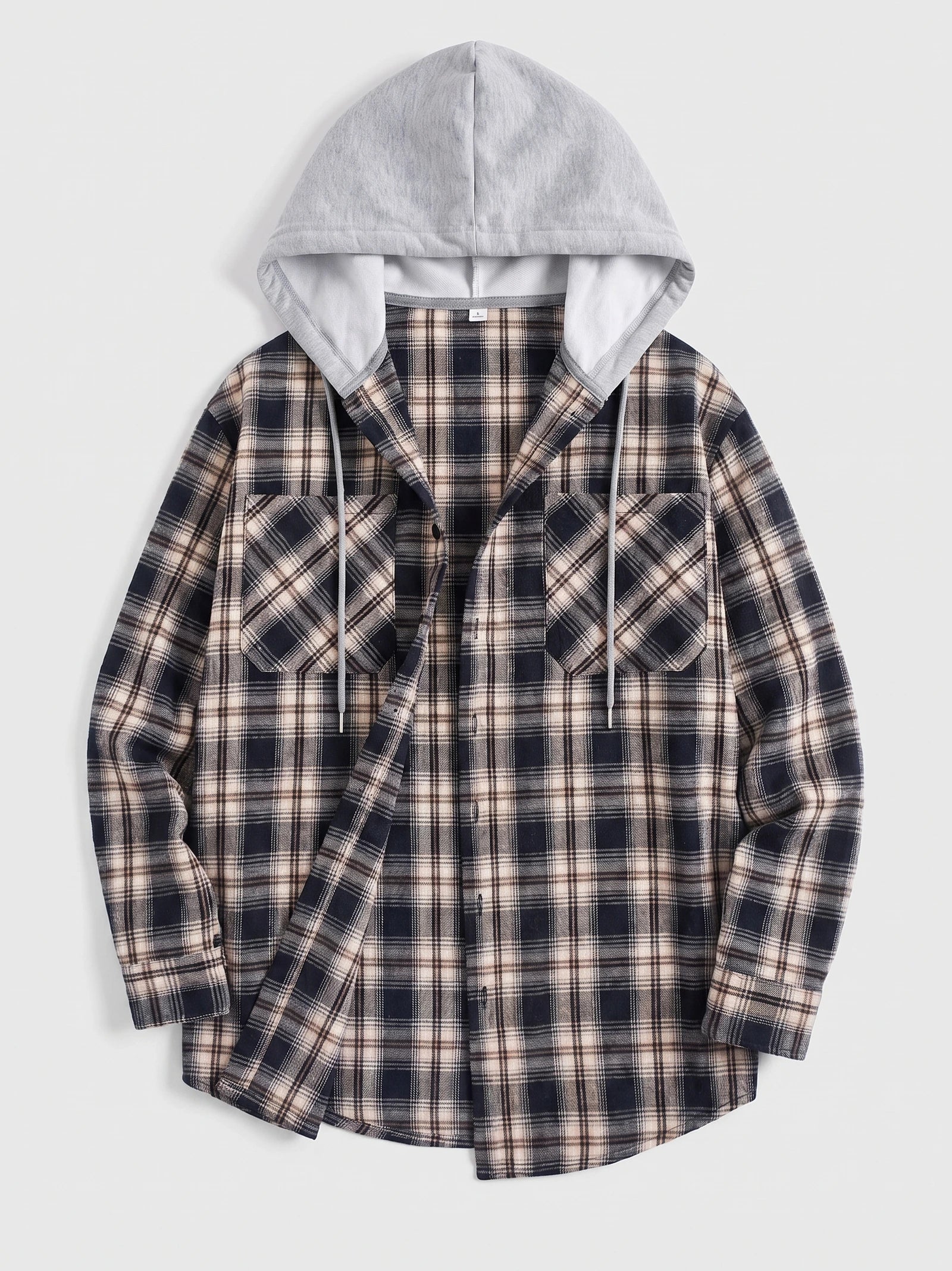 Black men's flannel jacket laid flat, showing a hood with drawstrings, button-front plaid design, and two chest flap pockets.