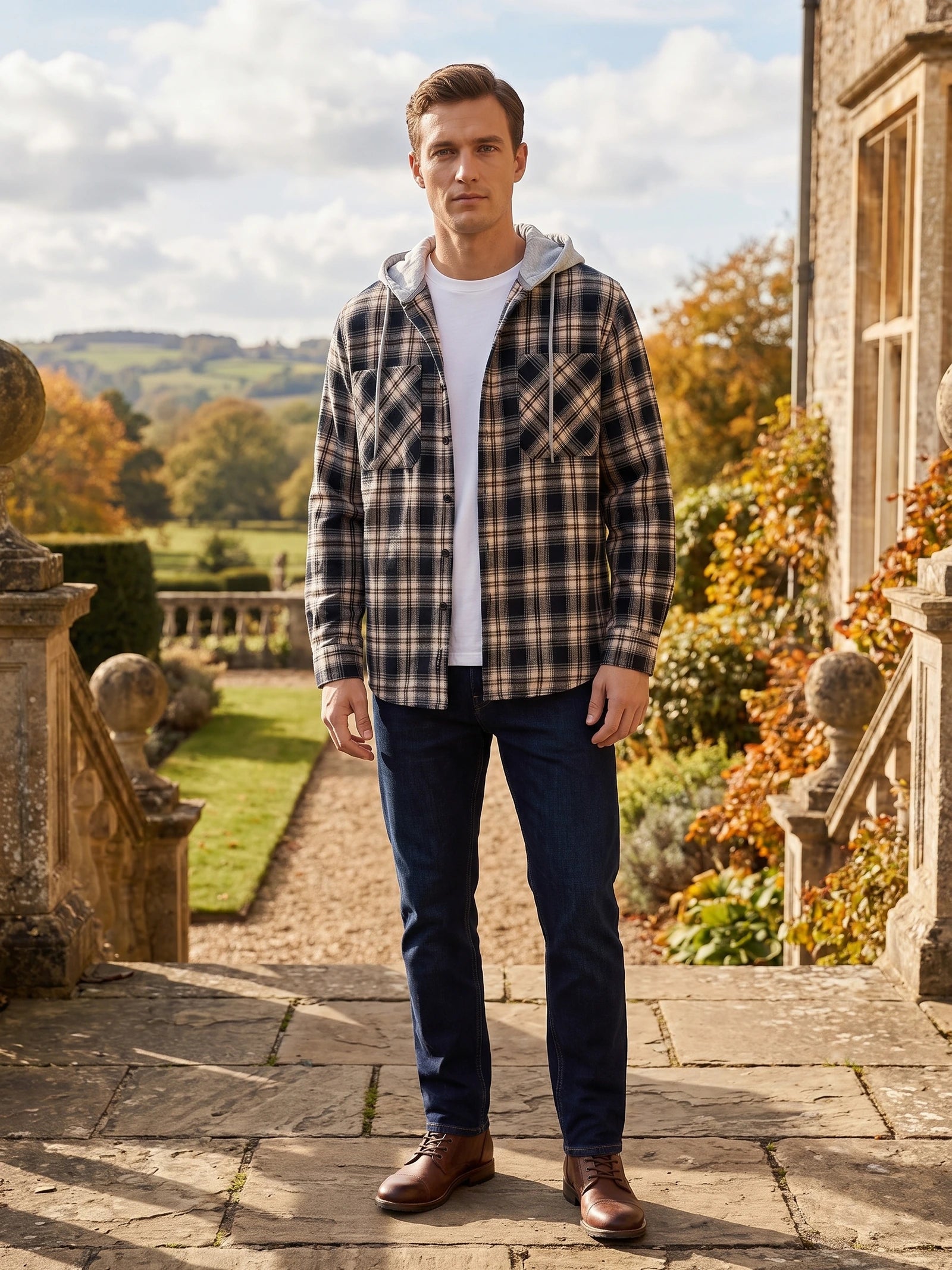Model wearing a Black plaid Flannel Jacket with a hood and chest pockets on a stone garden path.