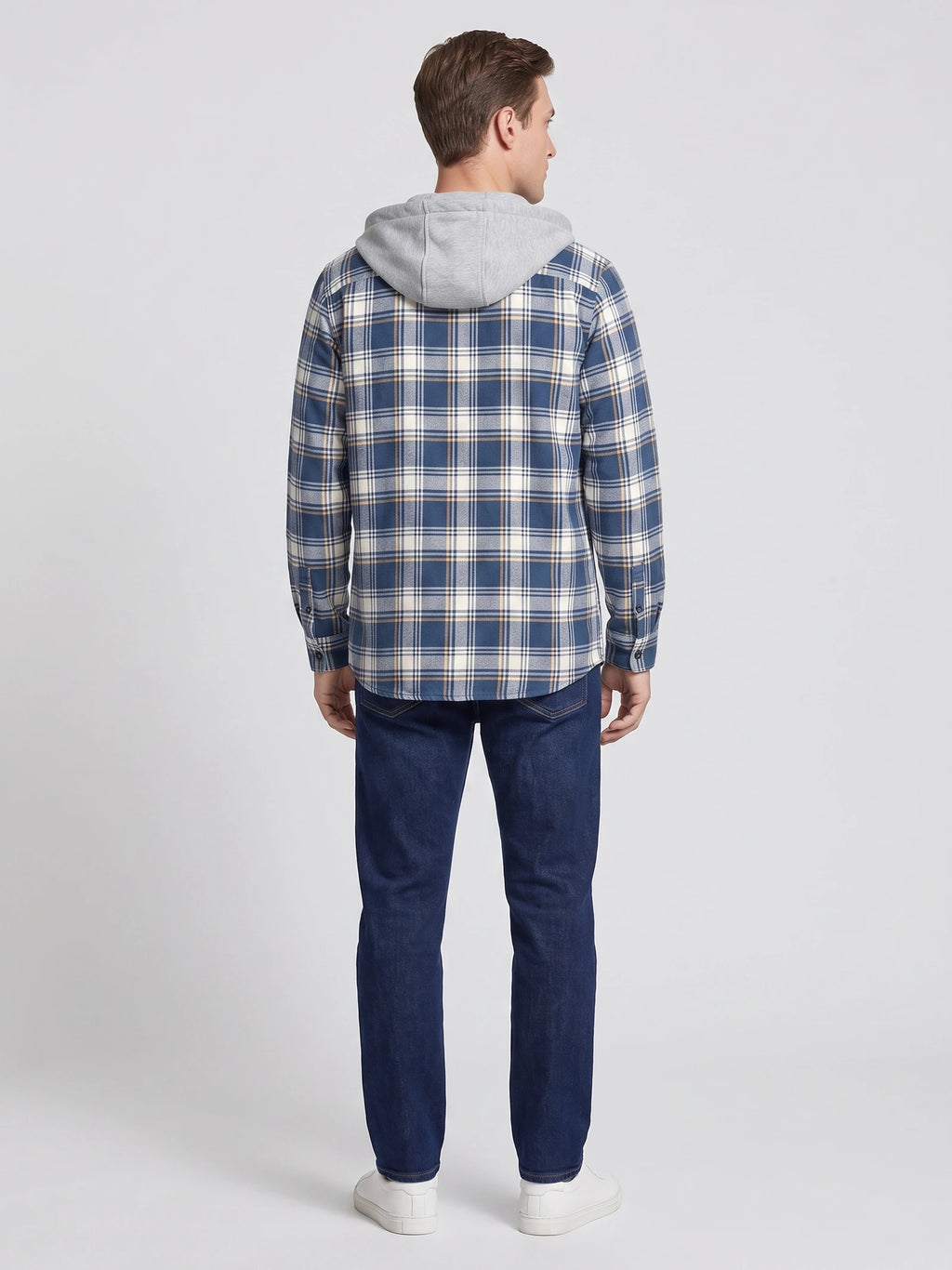Rear view of a model wearing a Blue plaid Flannel Jacket with a hooded long-sleeve design.