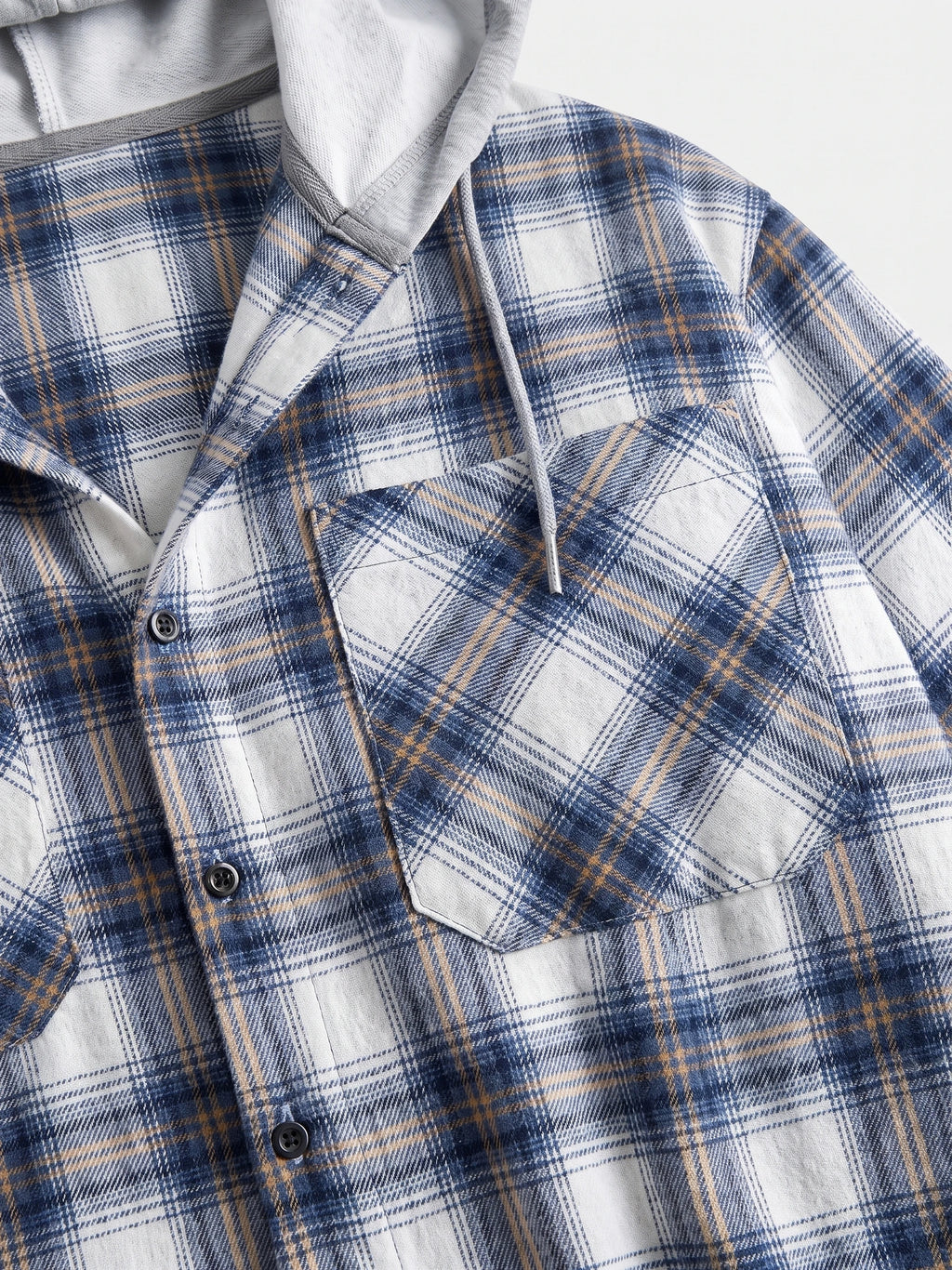 Blue Flannel Jacket detail showing the hood drawstring, button front, and chest flap pocket.