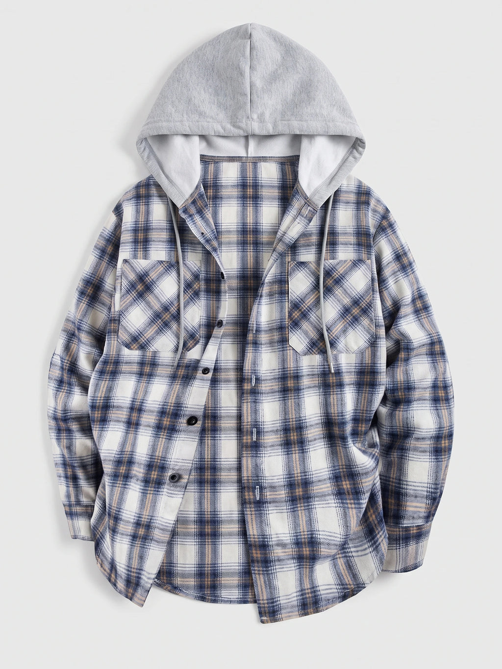 Blue plaid Flannel Jacket laid flat with an attached hood, button front, drawstrings, and two chest pockets.