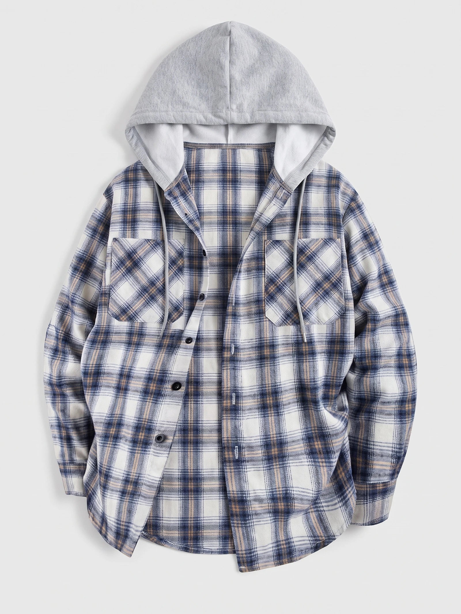 Blue plaid Flannel Jacket laid flat with an attached hood, button front, drawstrings, and two chest pockets.