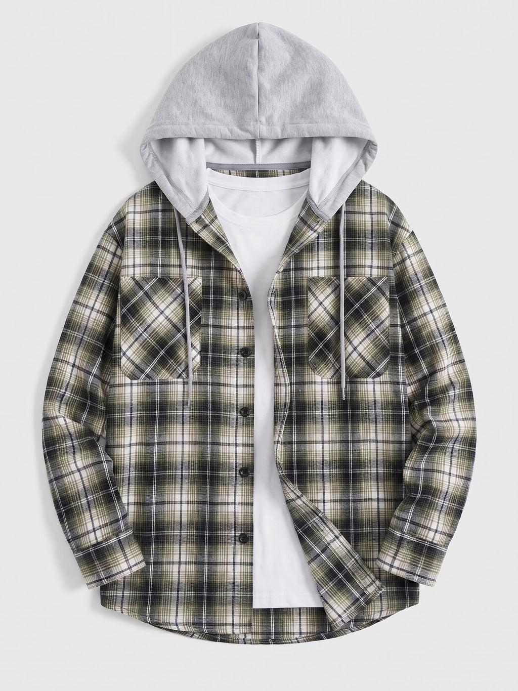Green plaid Flannel Jacket laid flat with a hood, drawstrings, button front, and two chest pockets.