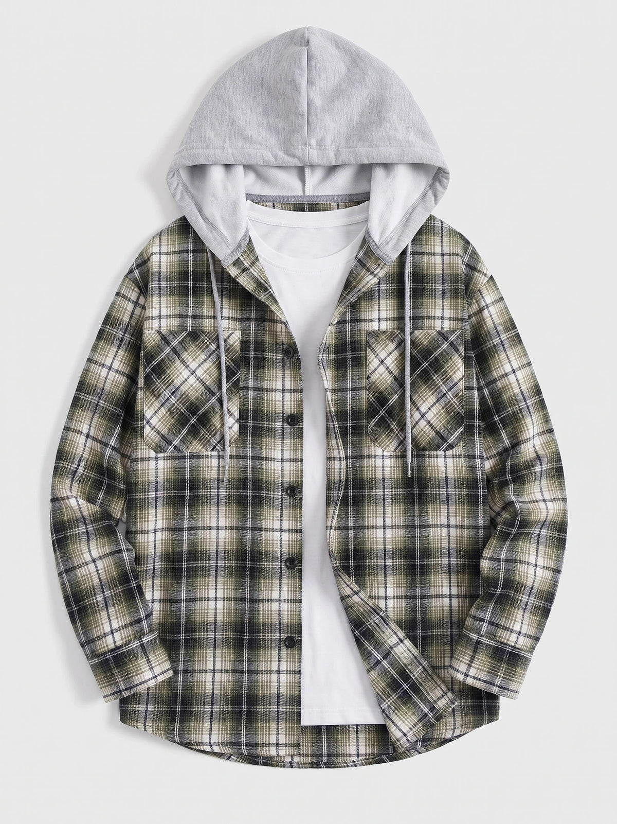 Green plaid Flannel Jacket laid flat with a hood, drawstrings, button front, and two chest pockets.