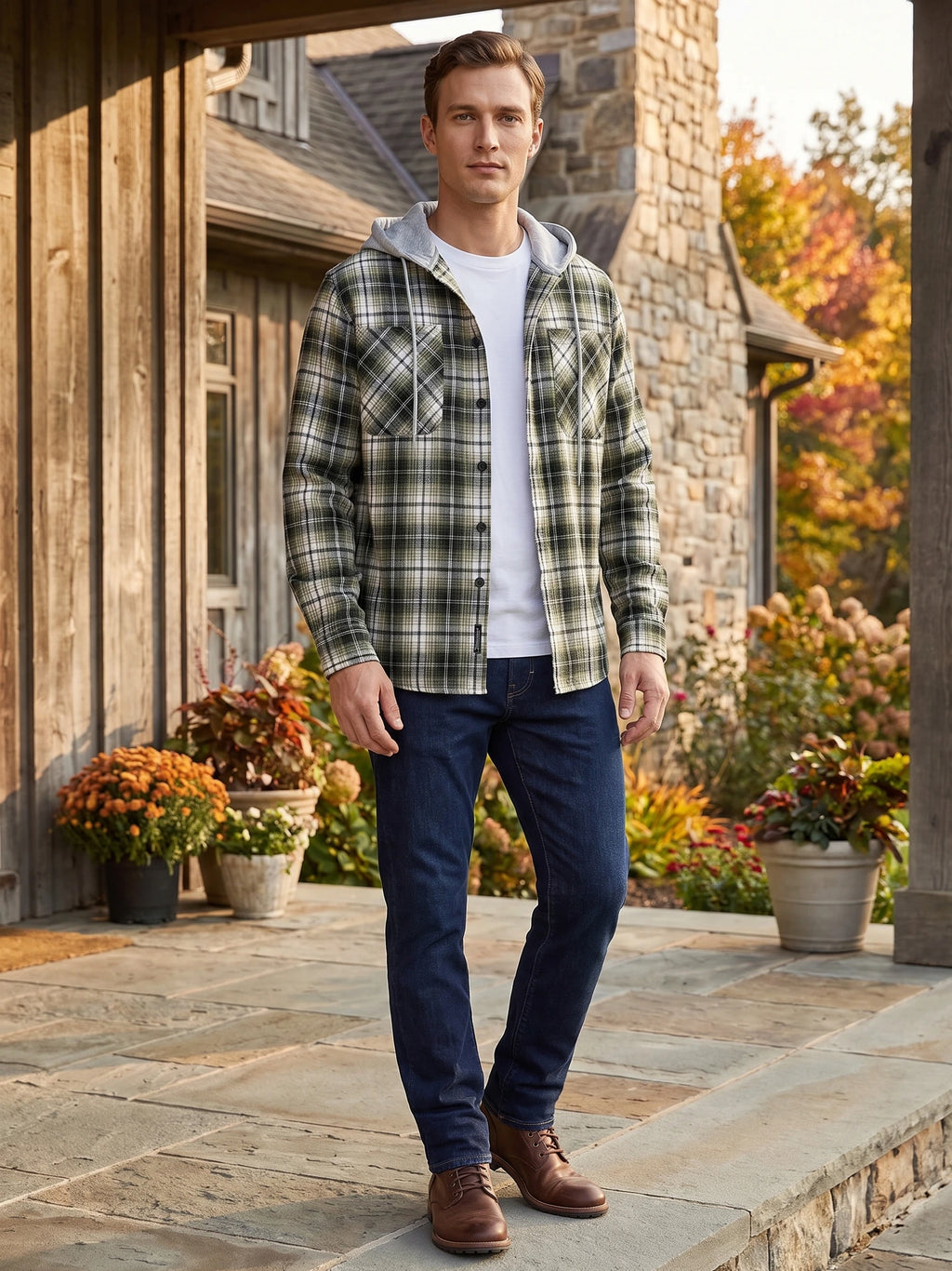 Model wearing a Green plaid hooded Flannel Jacket on a stone porch beside a rustic house and garden.