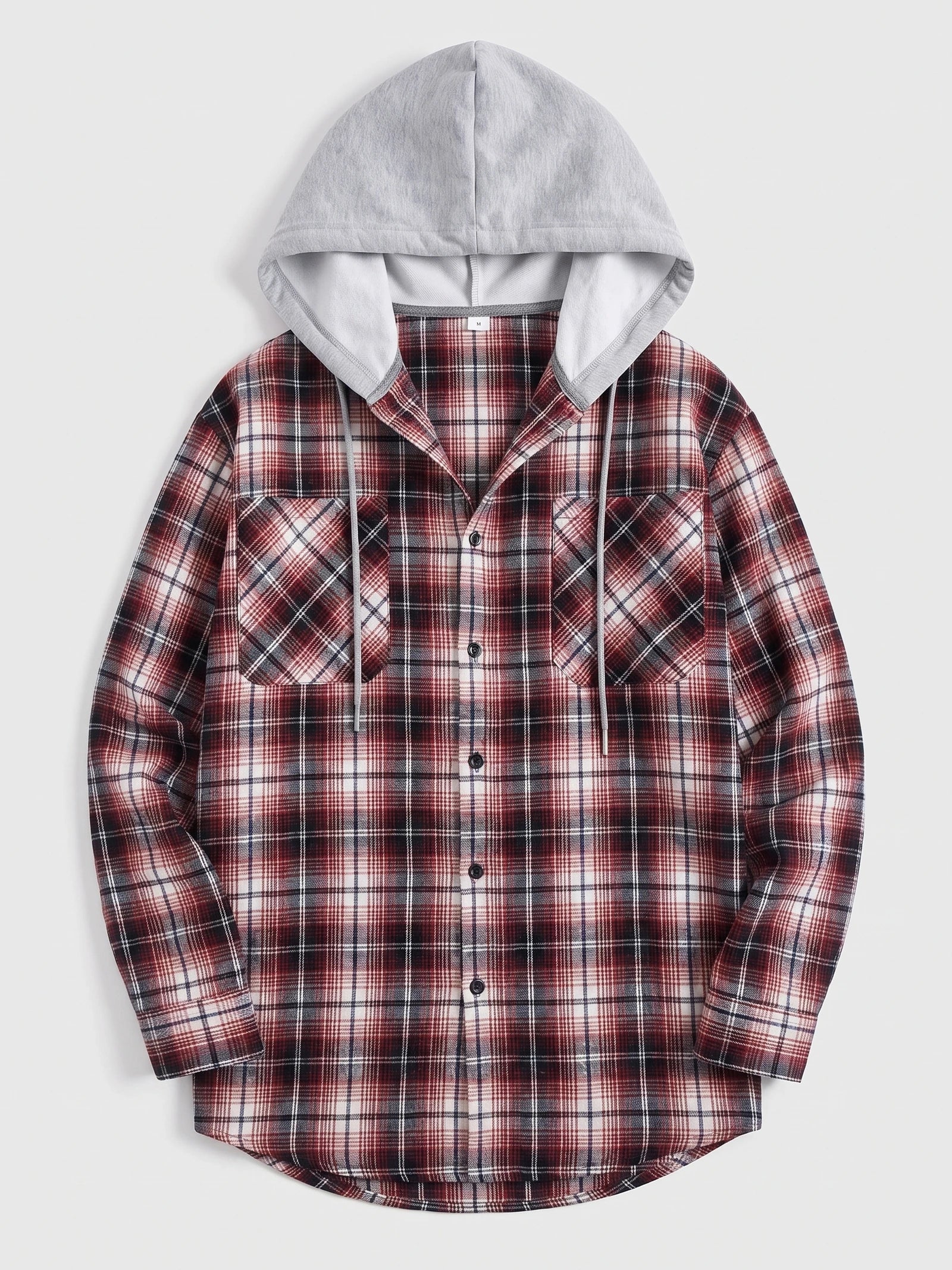 Red plaid Flannel Jacket laid flat, featuring a hood with drawstrings, button front, and two chest pockets.