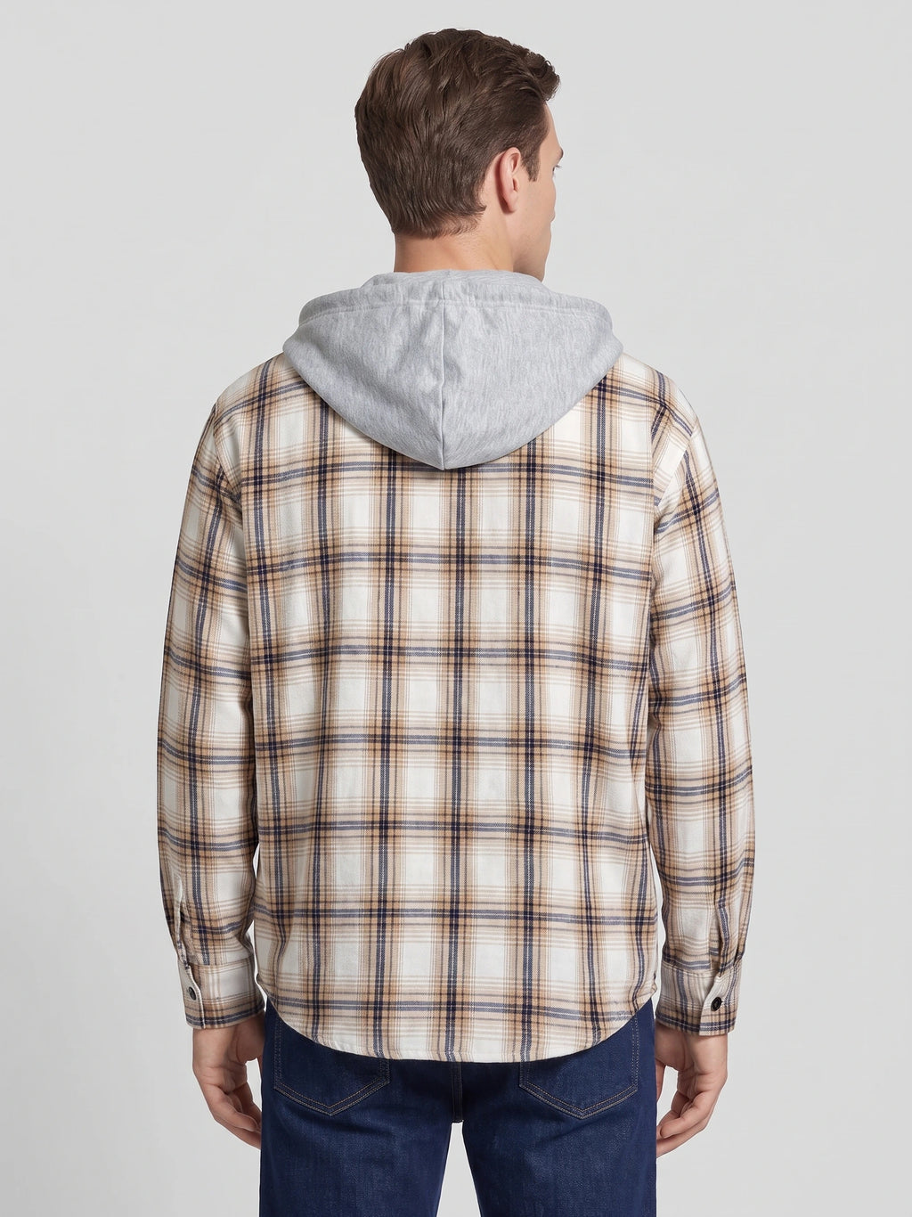 Back view of a model wearing the Yellow plaid Flannel Jacket with an attached hood.