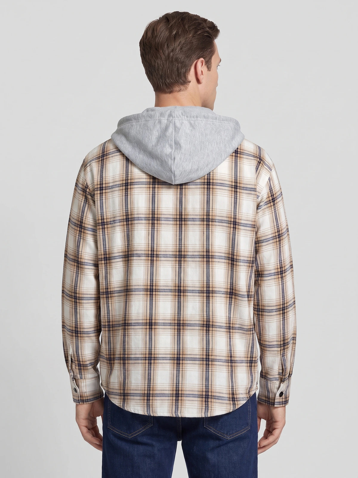 Back view of a model wearing the Yellow plaid Flannel Jacket with an attached hood.