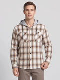 Front studio view of a model wearing a Yellow plaid Flannel Jacket with a drawstring hood, button front, and flap chest pockets.