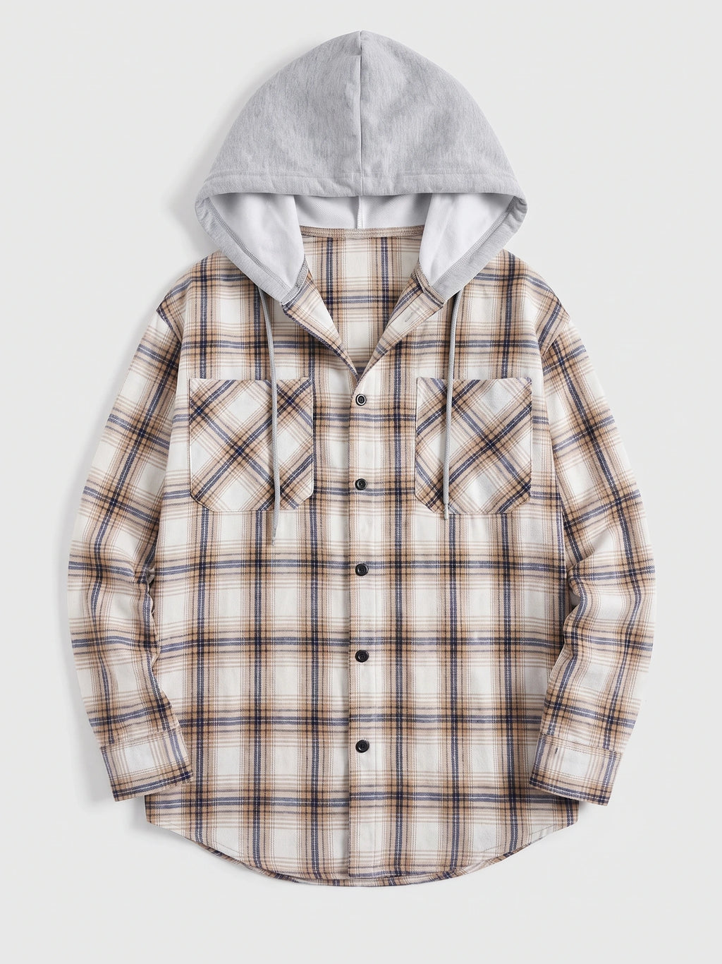 Yellow men’s Flannel Jacket laid flat, featuring a hood with drawstrings, button front, and two chest flap pockets.
