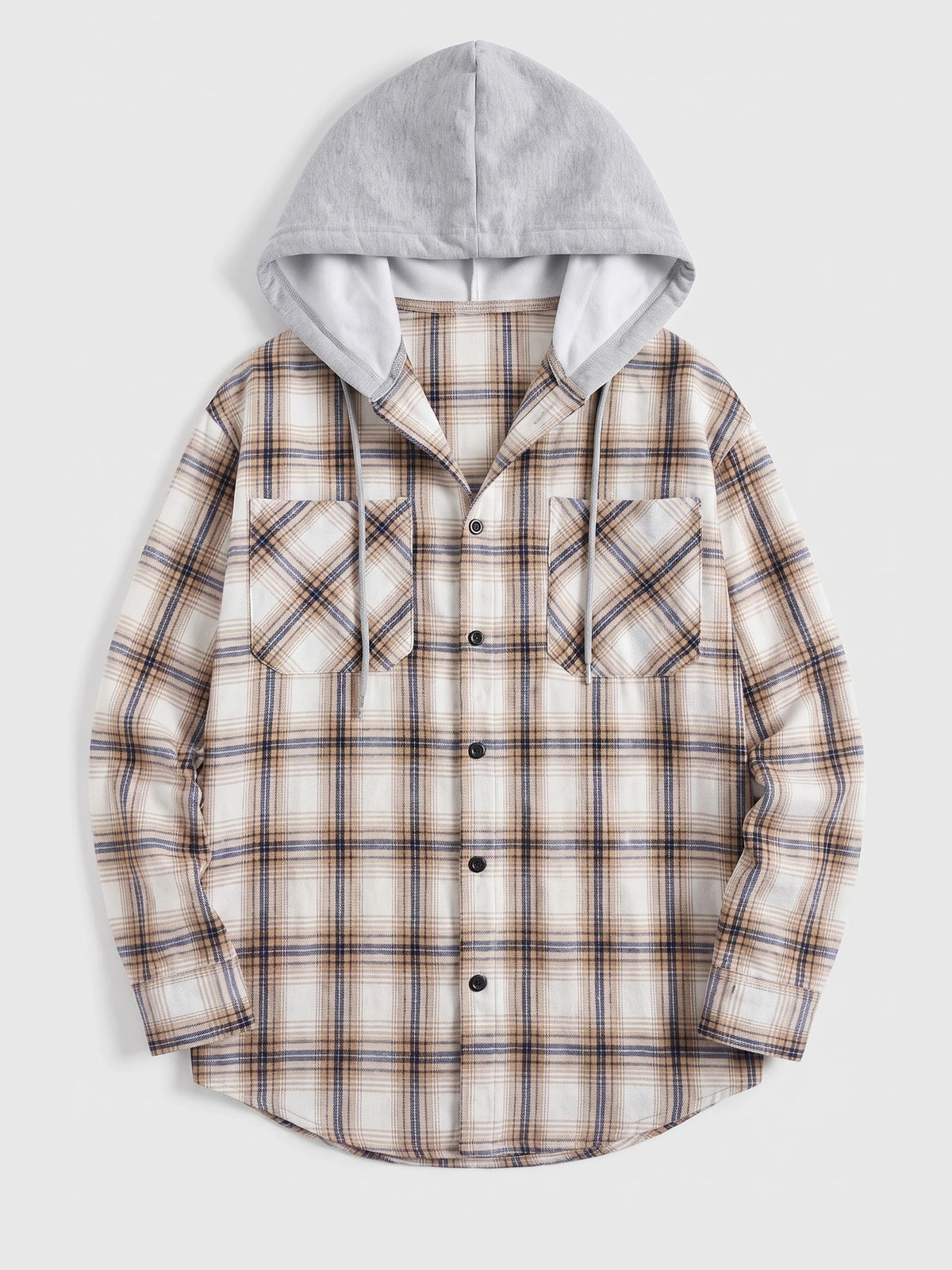 Yellow men’s Flannel Jacket laid flat, featuring a hood with drawstrings, button front, and two chest flap pockets.