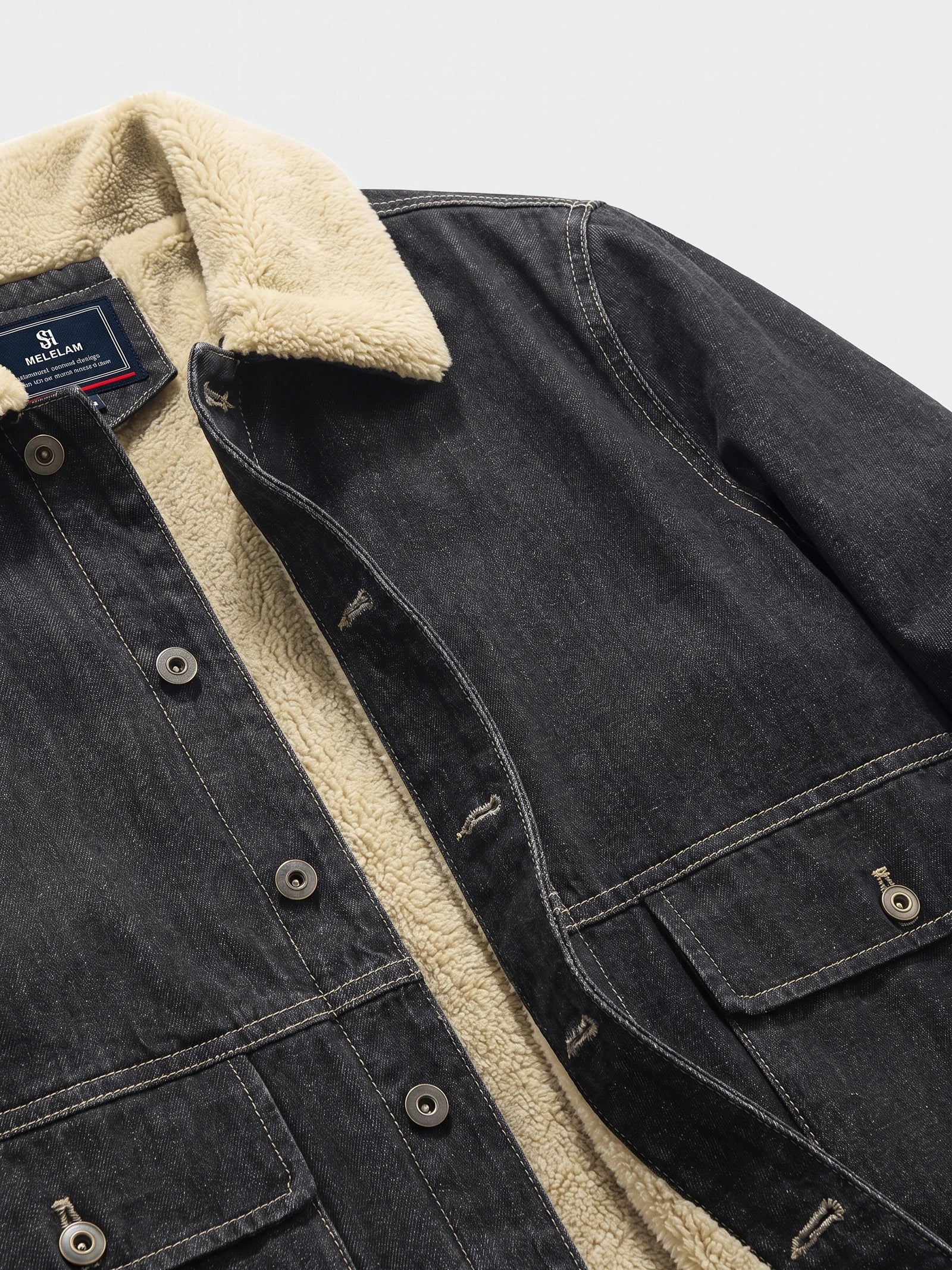 Black men's fleece jacket detail showing the plush collar lining, snap-button front, contrast stitching, and flap pocket.
