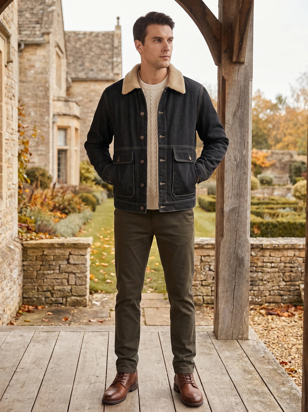 Man wearing a Black fleece cargo jacket with a shearling-style collar and flap pockets on a wooden porch beside a stone house.