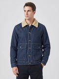 Model wearing a Blue Fleece Jacket with a soft collar, button front, and four flap pockets in a front studio view.
