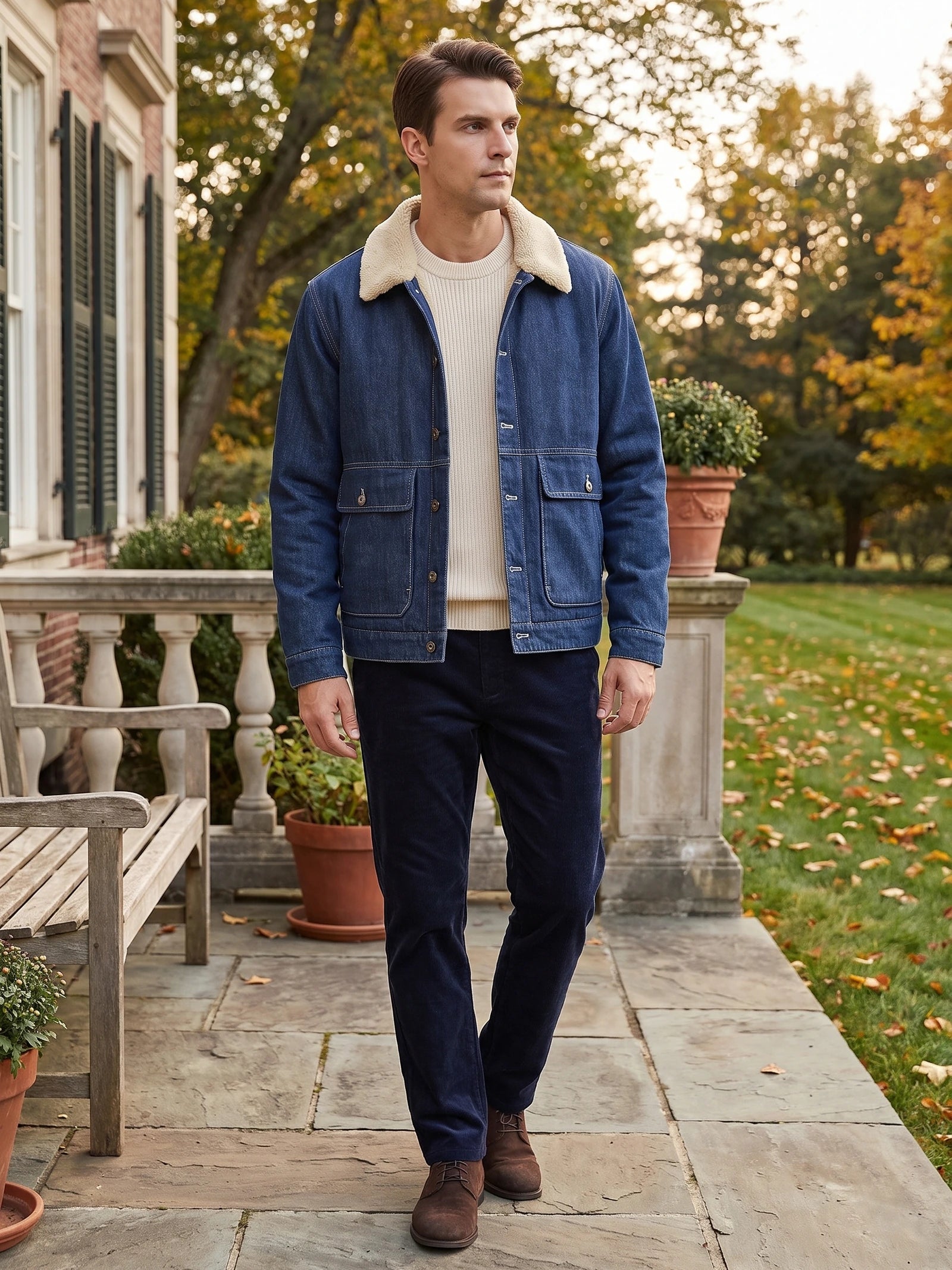 Man wearing a Blue fleece jacket with a shearling-style collar and flap pockets while walking on a garden patio.