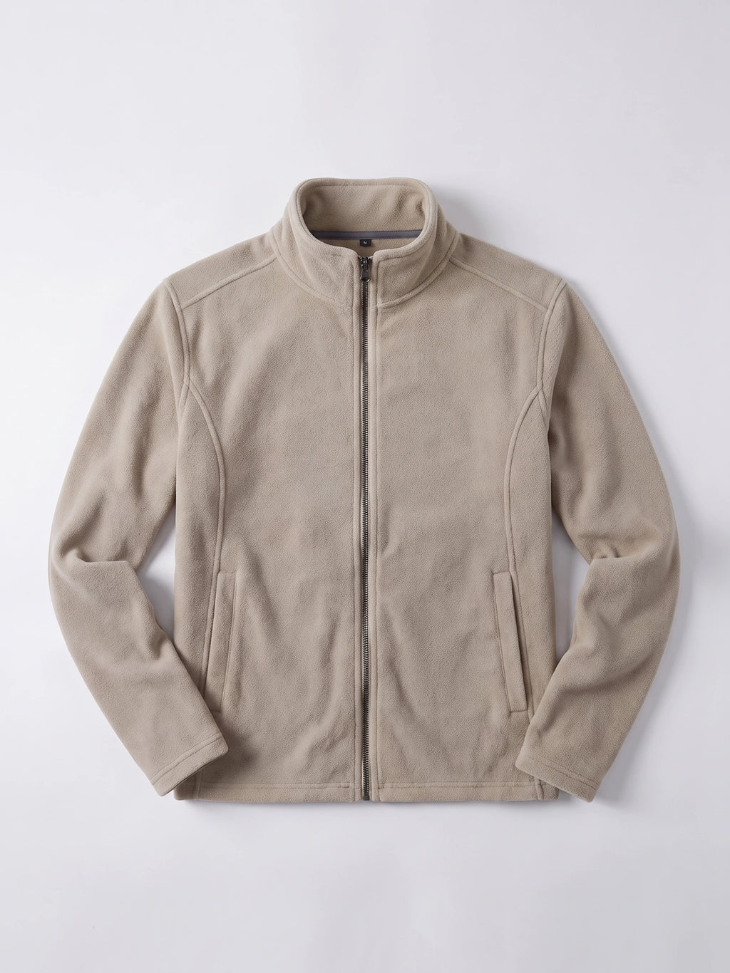 Beige men's fleece jacket laid flat, featuring a full front zipper, stand collar, and two side pockets.