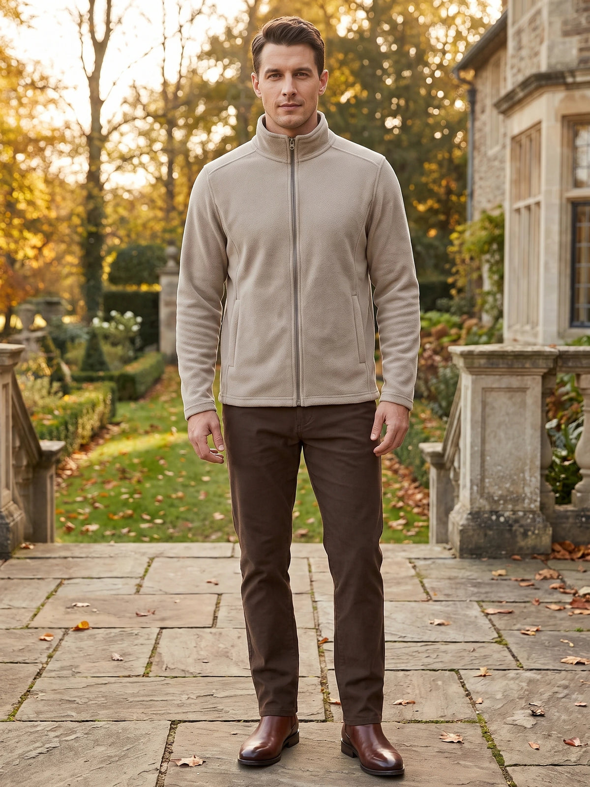 Man wearing a Beige full-zip fleece jacket with a stand collar on a stone garden path.
