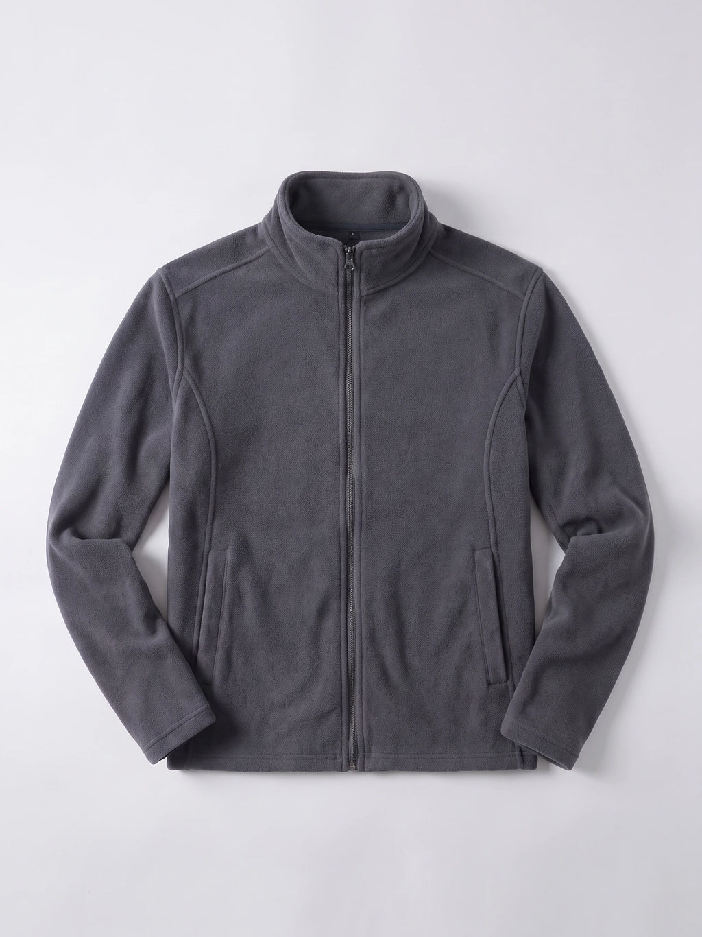 Gray men's fleece jacket laid flat, showing a full front zipper, stand collar, and zippered side pockets.