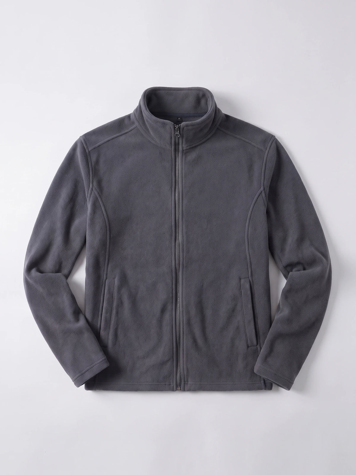 Gray men's fleece jacket laid flat, showing a full front zipper, stand collar, and zippered side pockets.