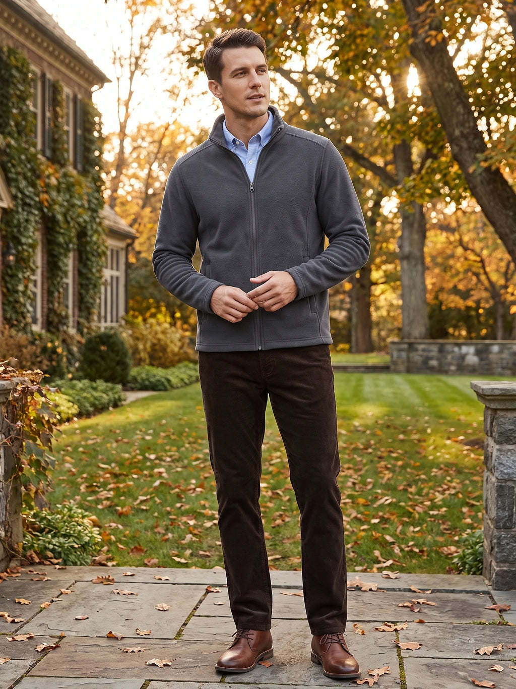 Man wearing a Gray full-zip fleece jacket with a stand collar on a leaf-strewn garden path.