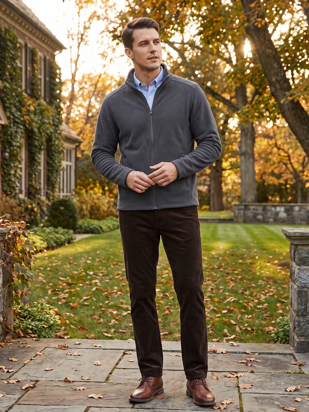 Man wearing a Gray full-zip fleece jacket with a stand collar on a leaf-strewn garden path.