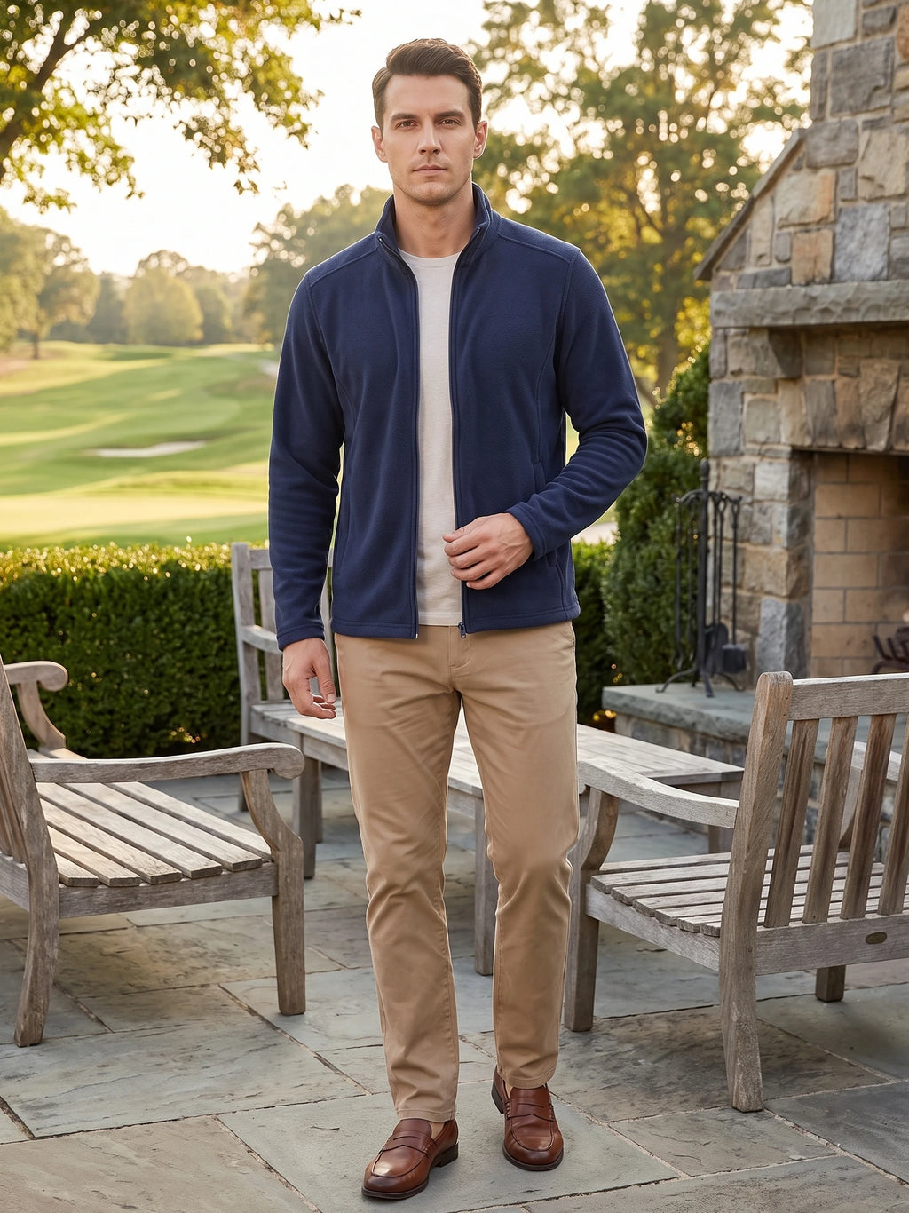 Model wearing a Navy full-zip fleece jacket with a stand collar on a patio beside a stone fireplace and garden.