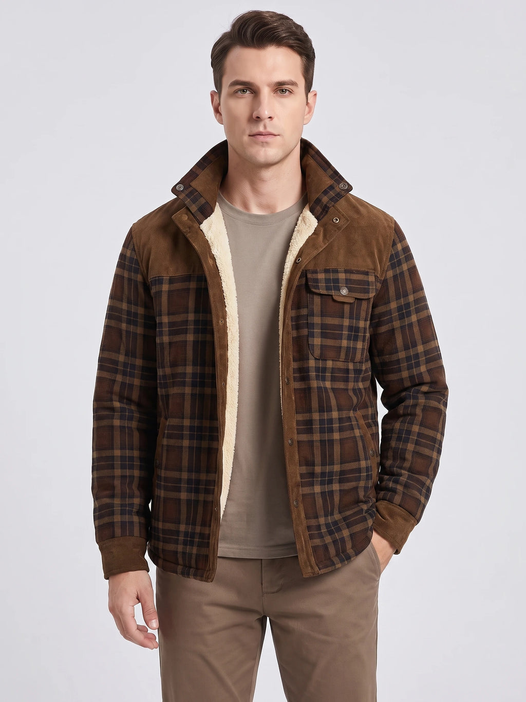 Front studio view of a model wearing a Brown fleece-lined plaid shirt jacket with a snap-front closure and chest pocket.