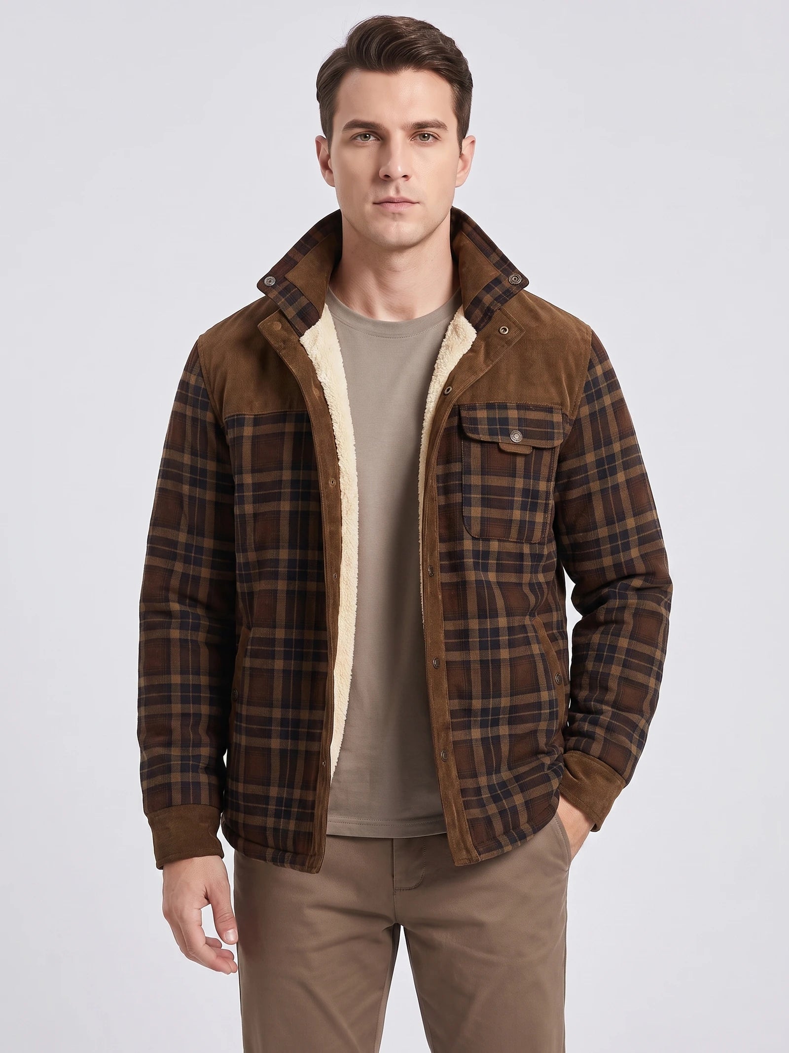 Front studio view of a model wearing a Brown fleece-lined plaid shirt jacket with a snap-front closure and chest pocket.