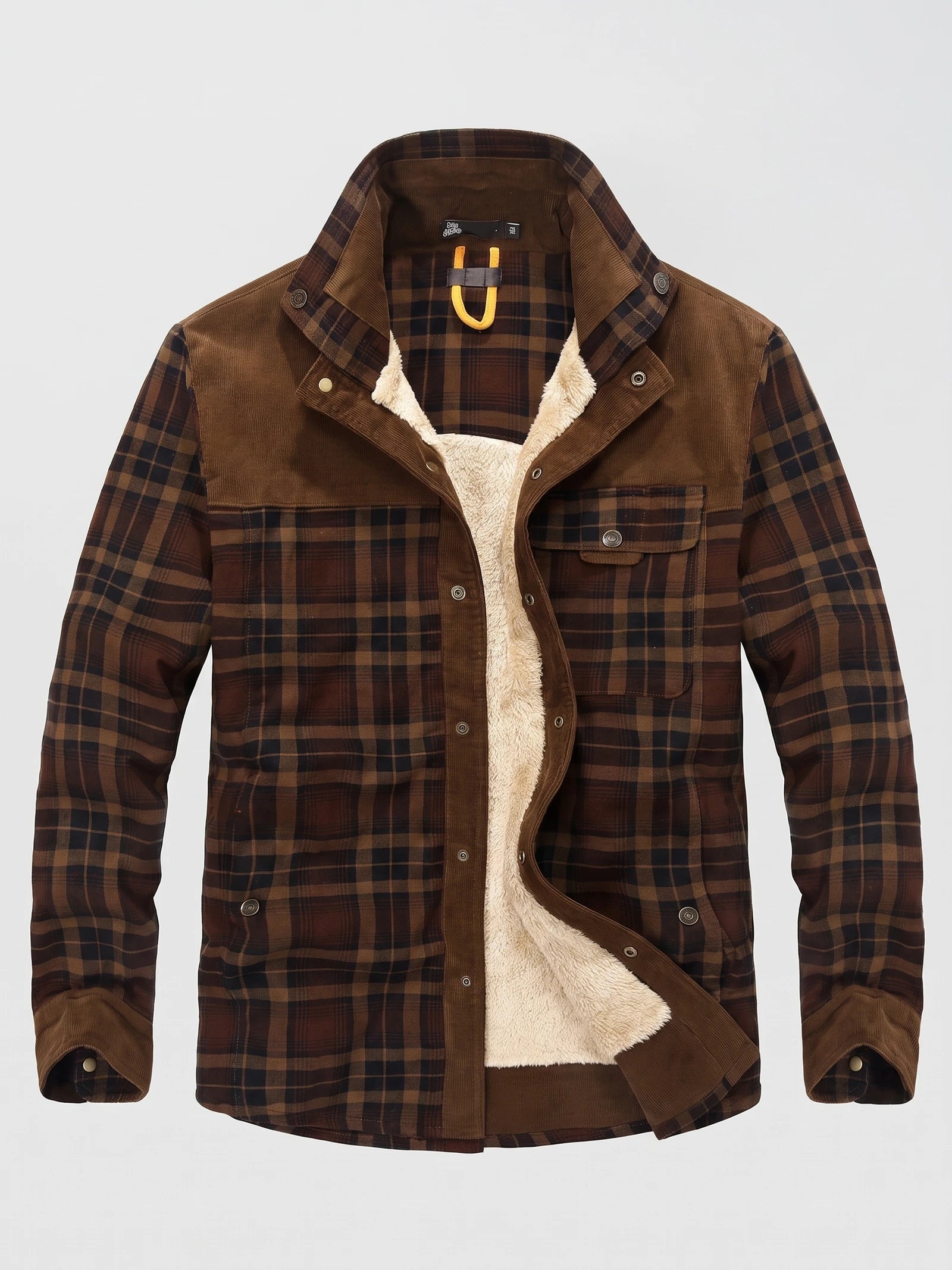 Brown fleece lined plaid shirt jacket laid flat, shown open to reveal the soft inner lining, snap front, and chest pockets.