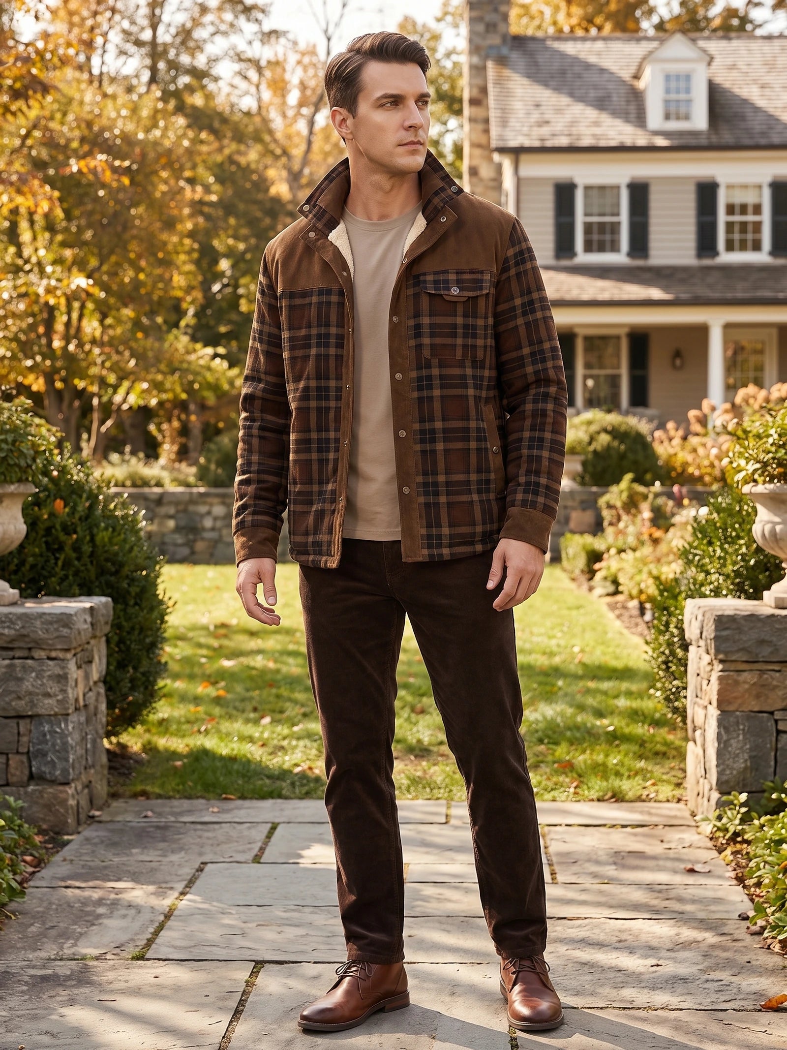 Model wearing a Brown Fleece Lined plaid shirt jacket on a garden path outside a house.