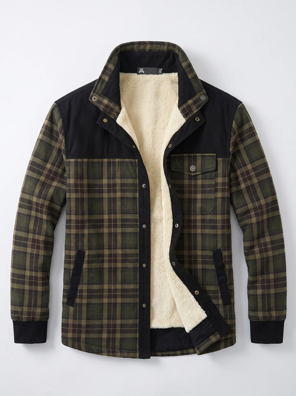 Green fleece lined plaid shirt jacket laid flat, shown open to reveal the soft lining, snap front, and chest pocket.