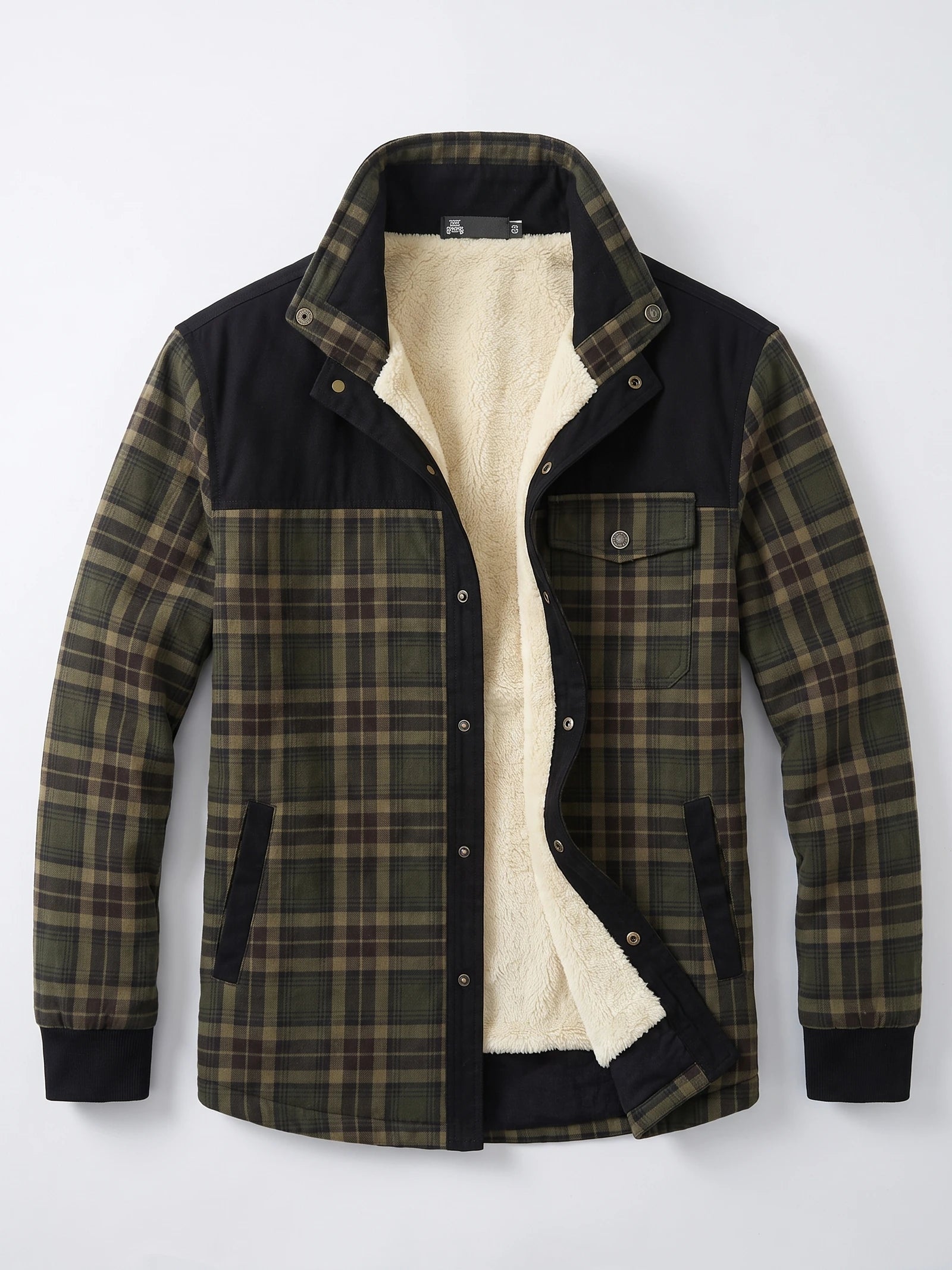 Green fleece lined plaid shirt jacket laid flat, shown open to reveal the soft lining, snap front, and chest pocket.