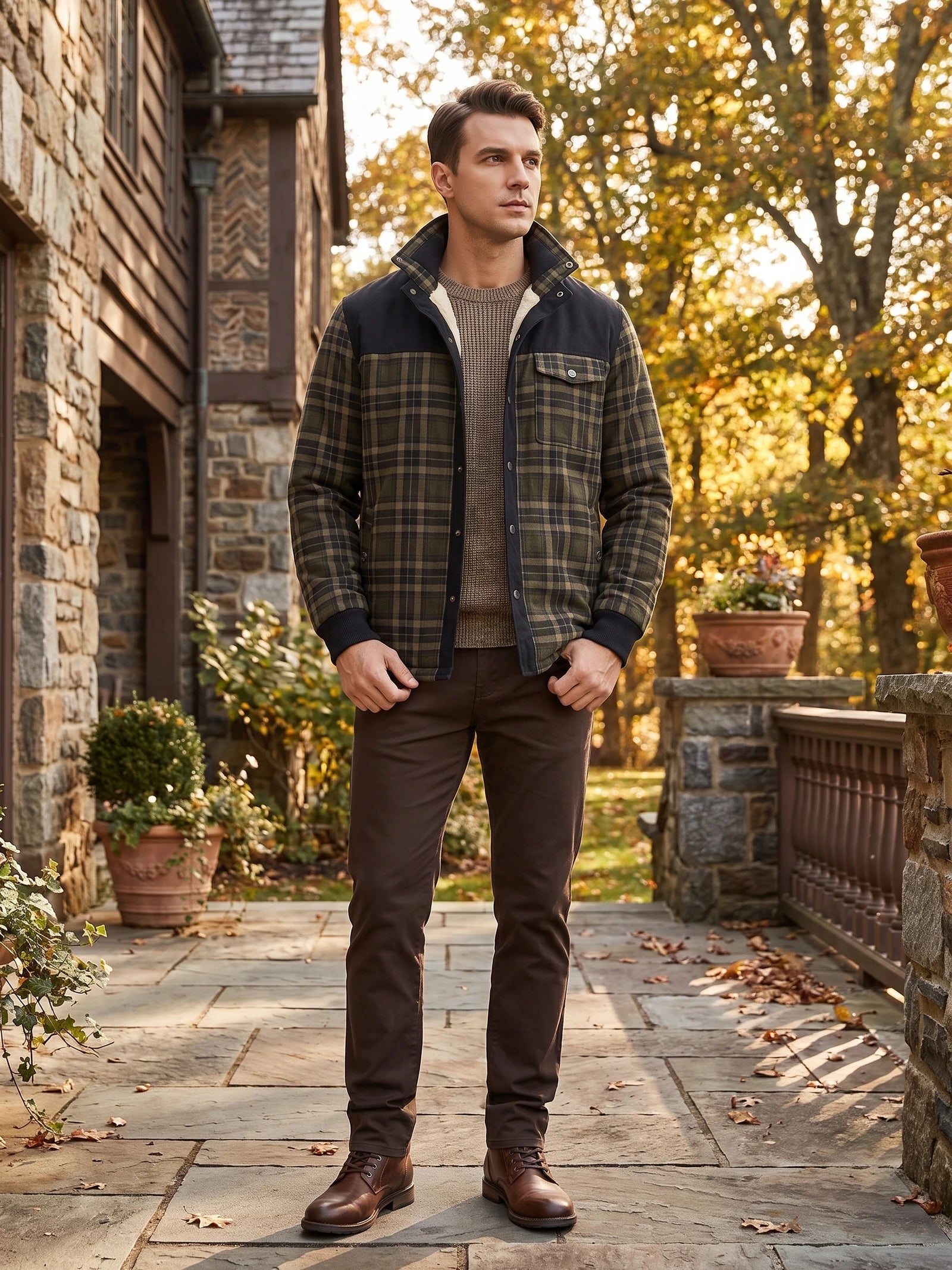 Model wearing a Green Fleece Lined plaid shirt jacket on a stone patio beside a house and trees.