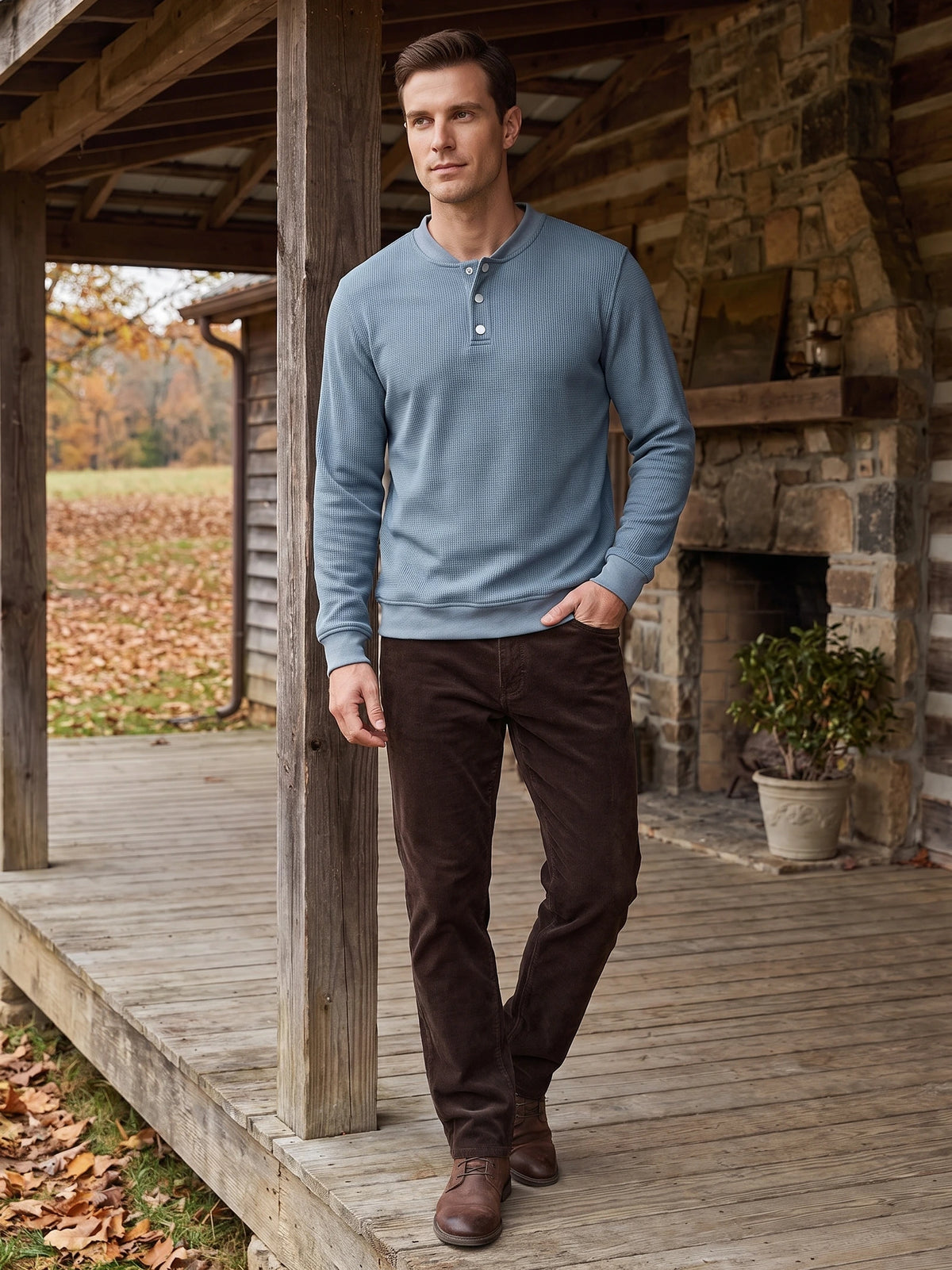Man wearing a Blue fleece lined sweater with a button Henley placket while standing on a rustic covered porch.