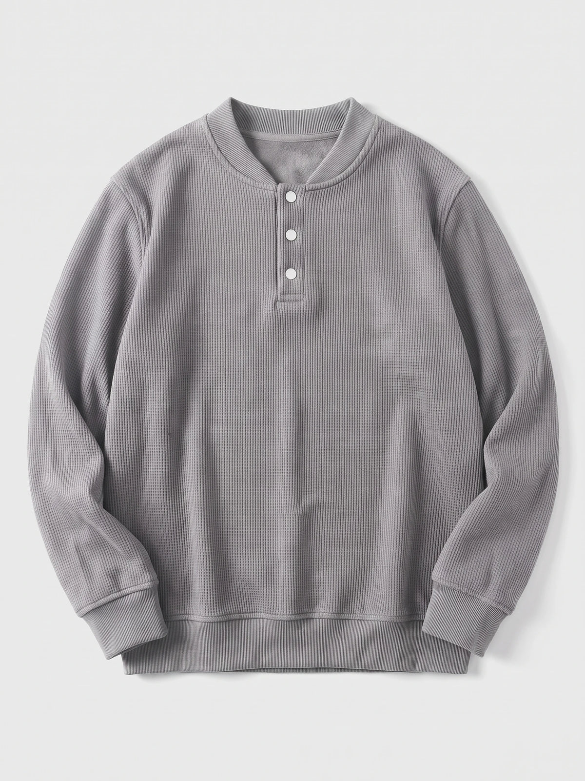 Gray fleece lined sweater laid flat, featuring a ribbed crew neckline, three-button Henley placket, and long sleeves.