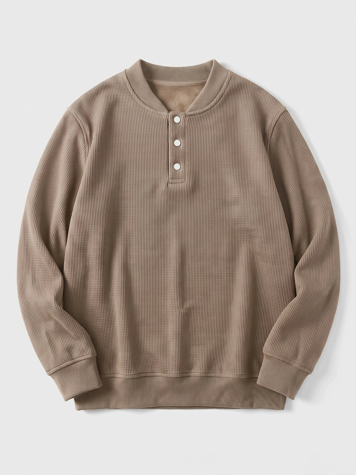 Khaki fleece lined Henley sweater laid flat, showing a ribbed knit body, three-button placket, and ribbed cuffs and hem.