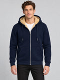 Front studio view of a model wearing a Navy fleece-lined winter jacket with a hood, zipper closure, and front pockets.