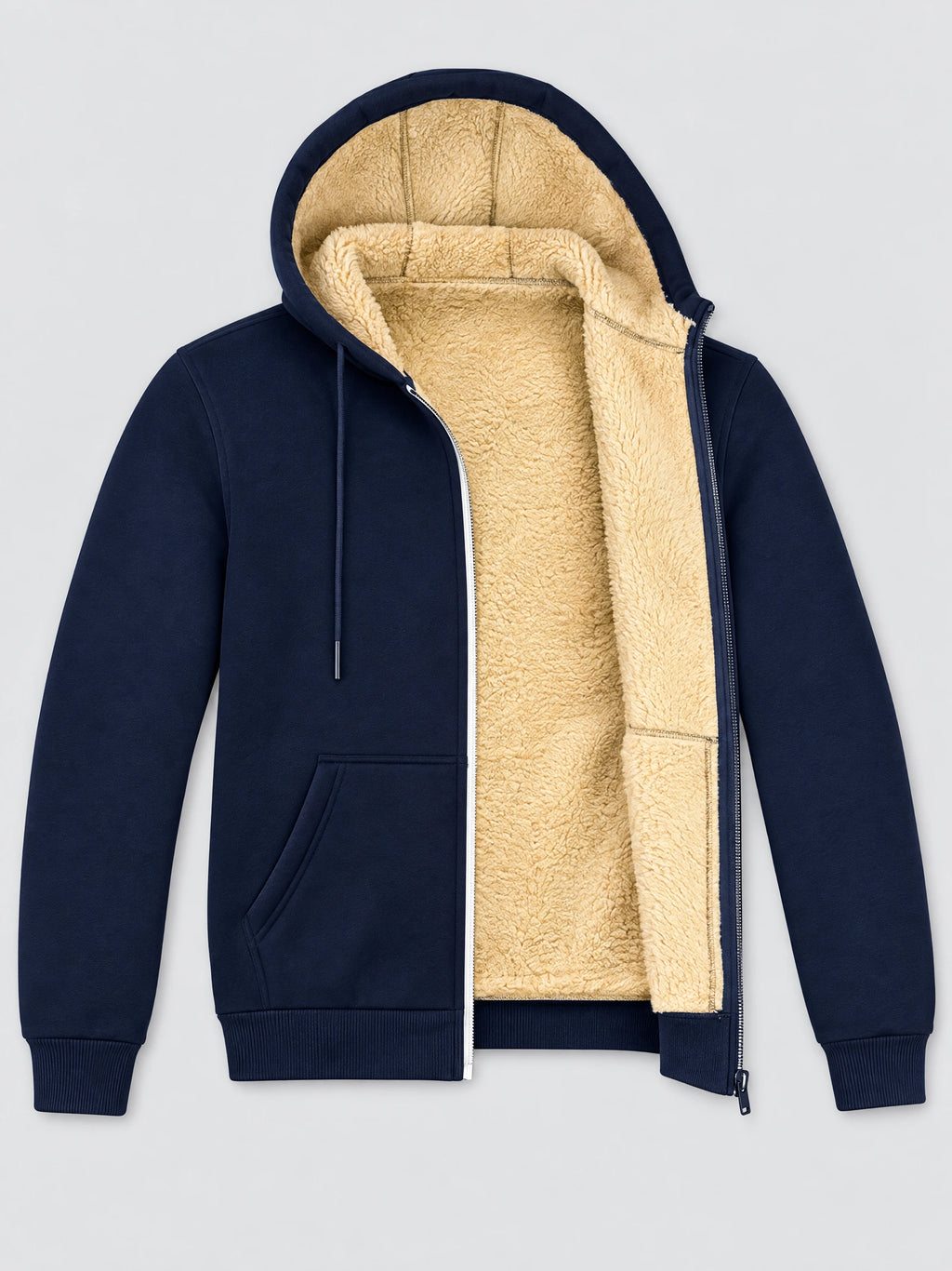 Navy fleece-lined winter jacket laid flat with an open zipper, hood, drawstrings, and ribbed cuffs.