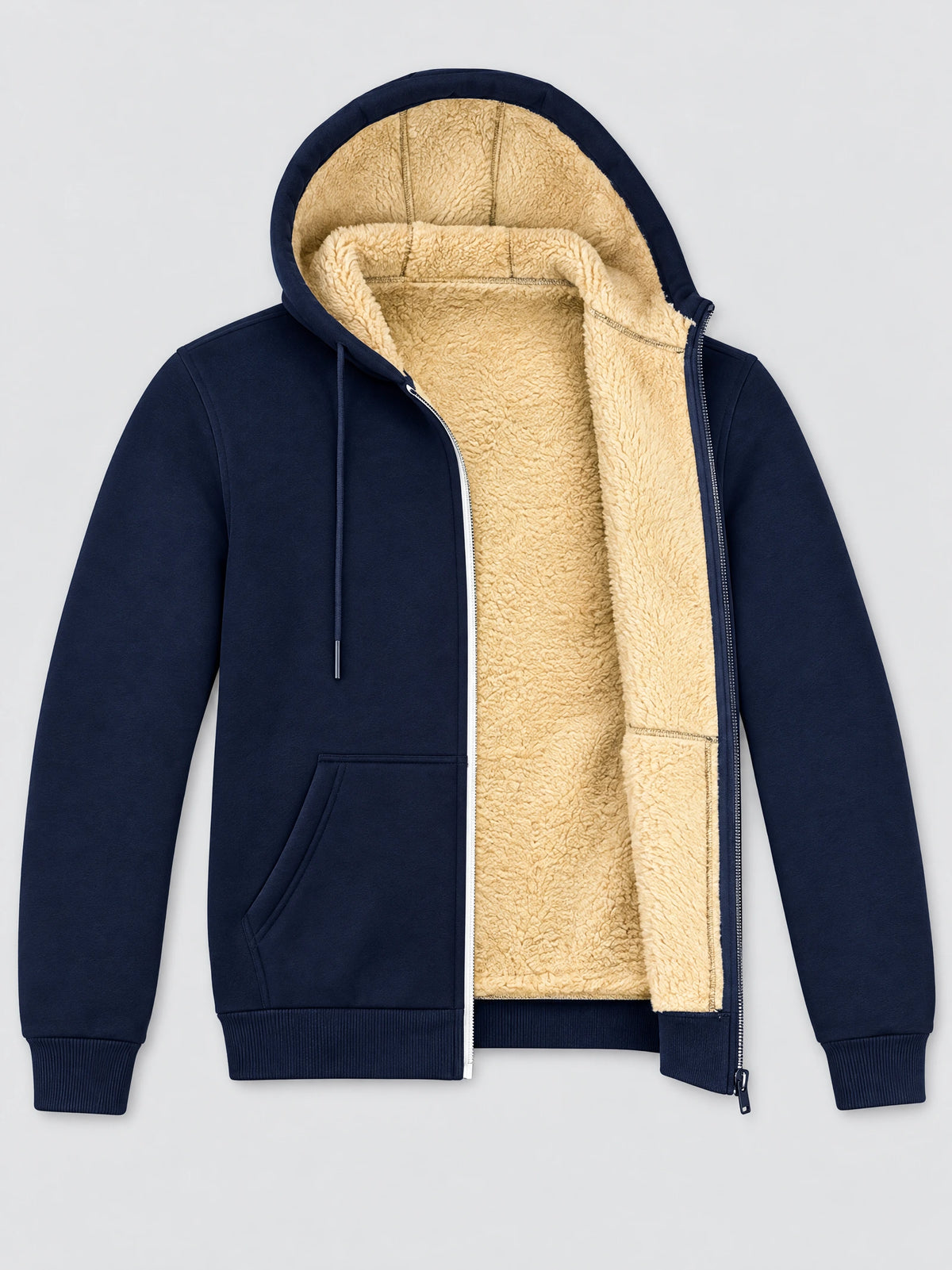 Navy fleece-lined winter jacket laid flat with an open zipper, hood, drawstrings, and ribbed cuffs.