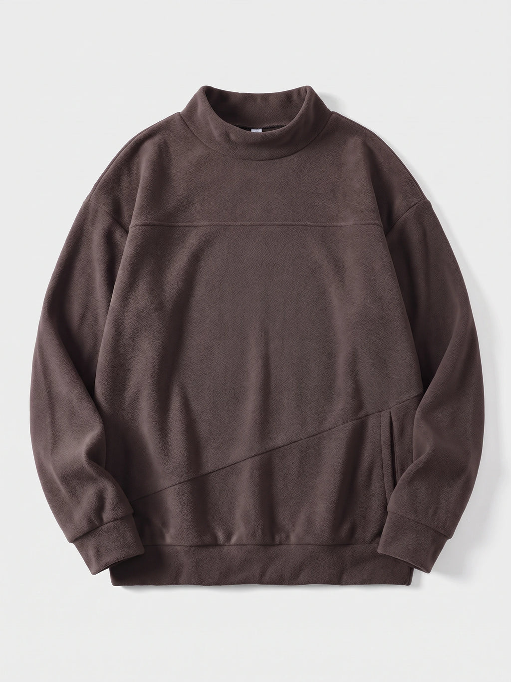 Brown men's fleece sweater laid flat, featuring a mock neck, long sleeves, and a front kangaroo pocket.