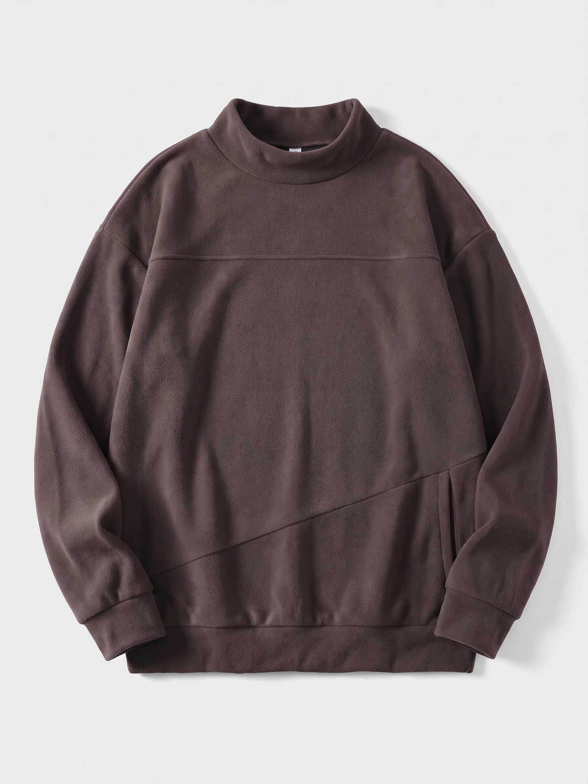 Brown men's fleece sweater laid flat, featuring a mock neck, long sleeves, and a front kangaroo pocket.