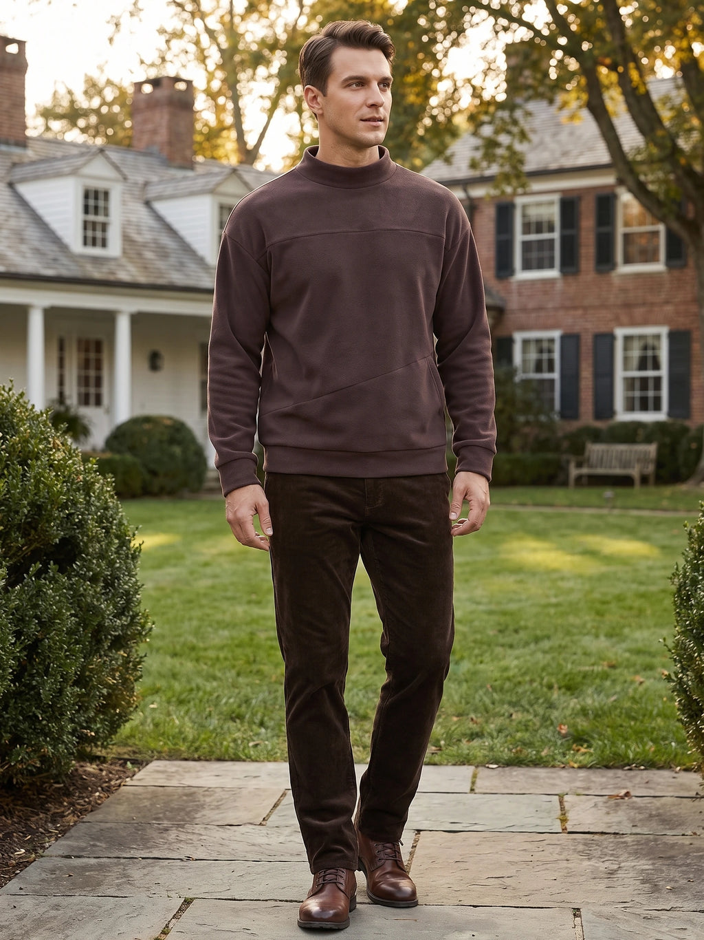 Man wearing a Brown fleece sweater with a mock neck and angled front pocket while walking along a garden path.