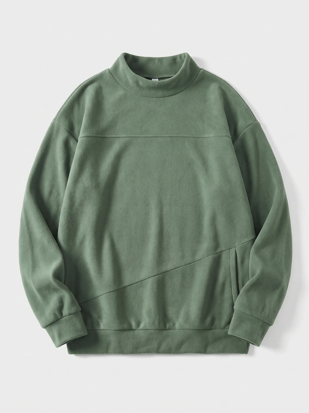 Green men's fleece sweater laid flat, featuring a mock neck, long sleeves, and a front kangaroo pocket.