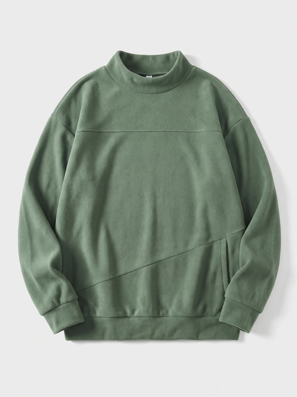 Green men's fleece sweater laid flat, featuring a mock neck, long sleeves, and a front kangaroo pocket.