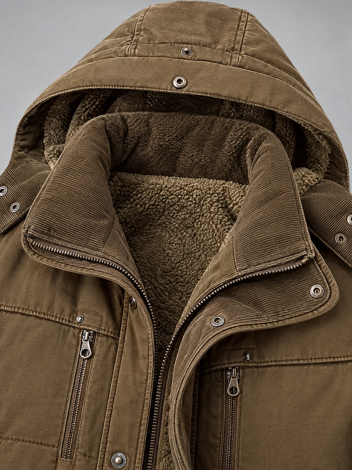 Brown Heavy Winter Jacket detail showing the hood, fleece-lined interior, snap placket, and zippered chest pockets.