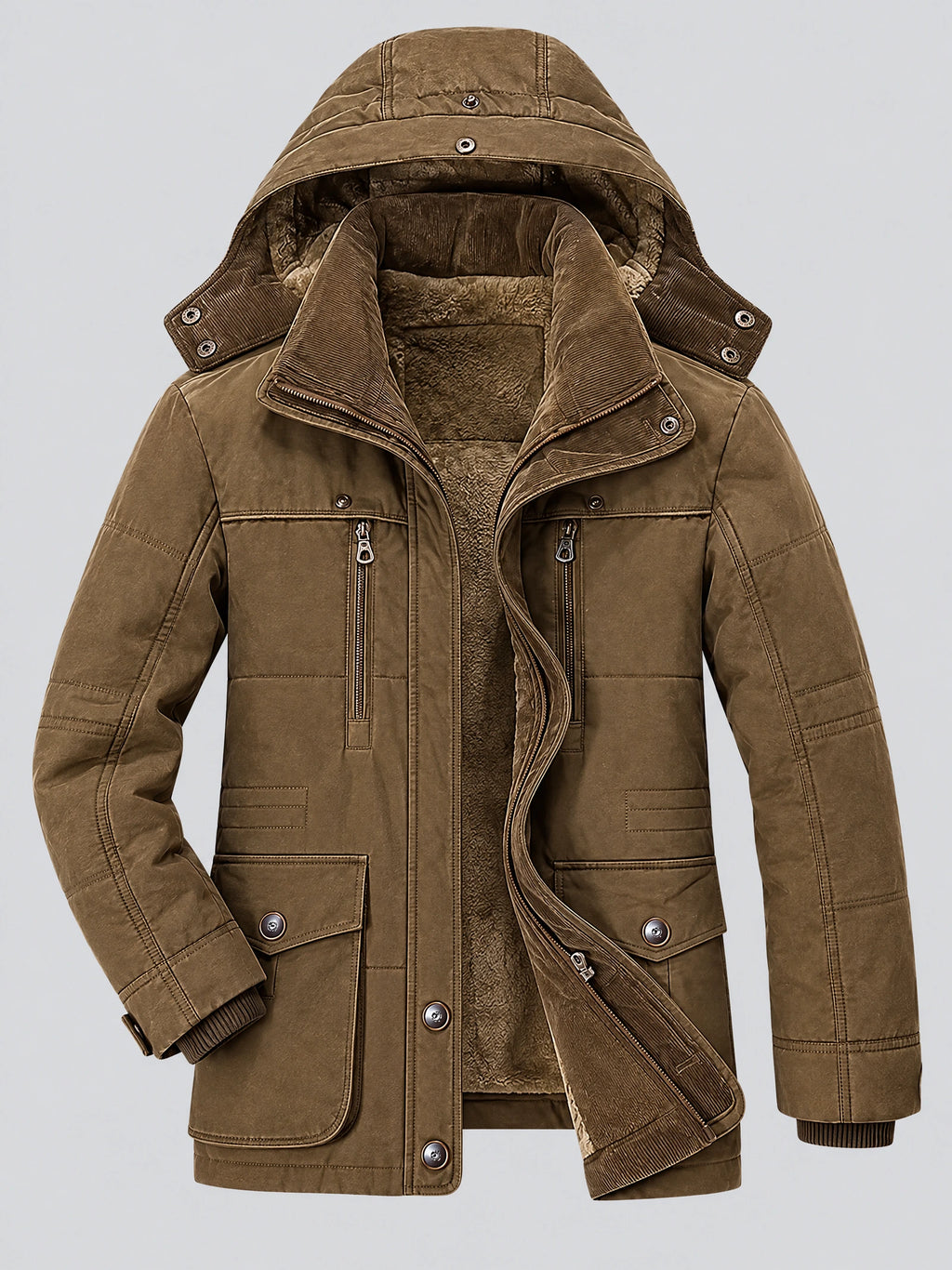 Brown heavy winter jacket laid flat with an open fleece-lined hood, zip chest pockets, and flap waist pockets.