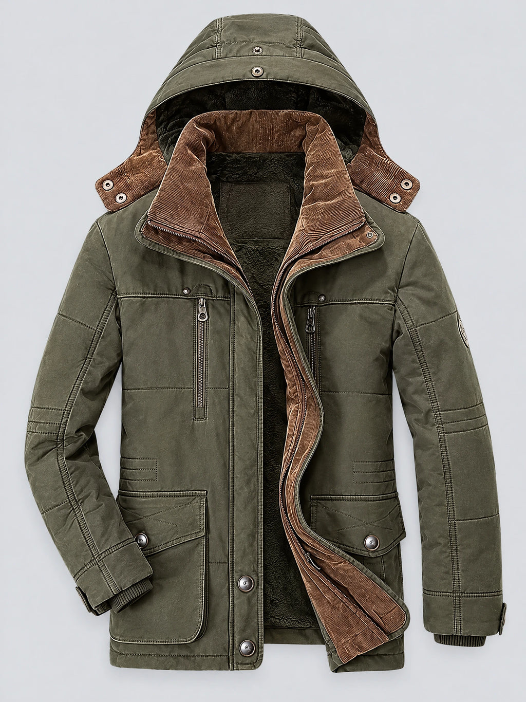 Green Heavy Winter Jacket laid flat with an open hood, fleece-lined interior, zip chest pockets, and flap front pockets.