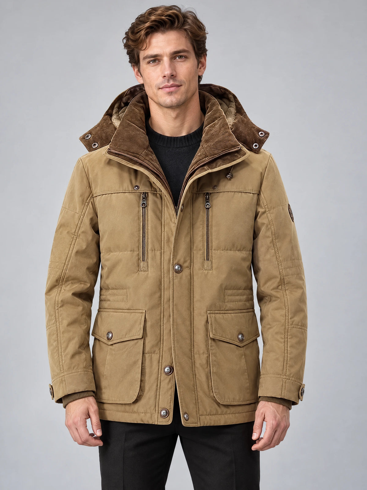 Front studio view of a model wearing a Khaki heavy winter jacket with a hood, zip chest pockets, and button-flap front pockets.