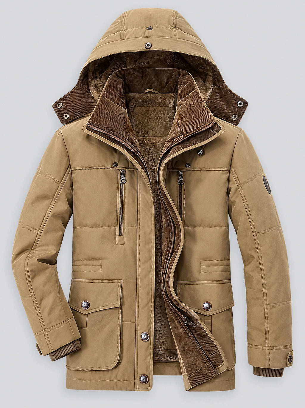 Khaki men’s heavy winter jacket laid flat with an open hood, fleece lining, zip chest pockets, and button-flap front pockets.