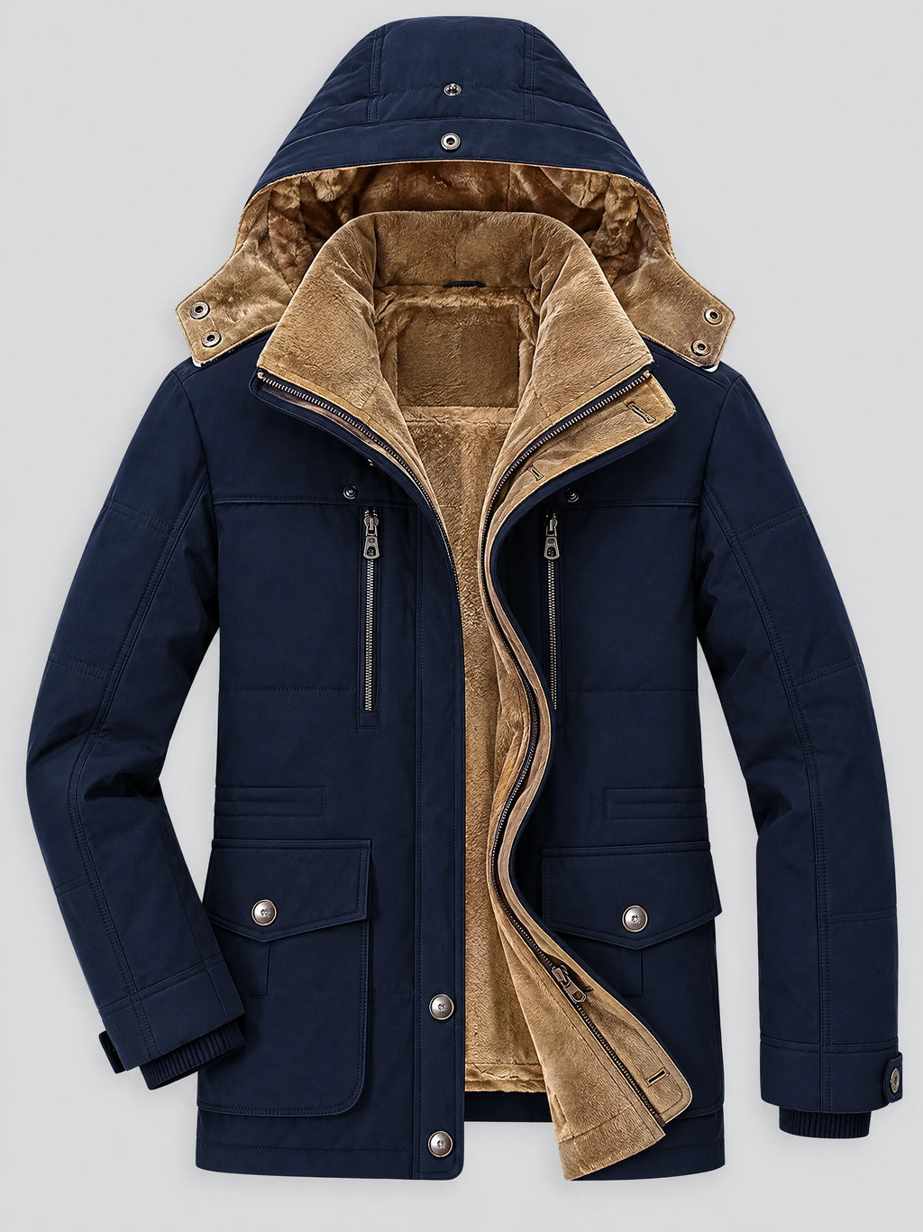Navy heavy winter jacket laid flat with an open fleece-lined hood, zip chest pockets, and button-flap front pockets.